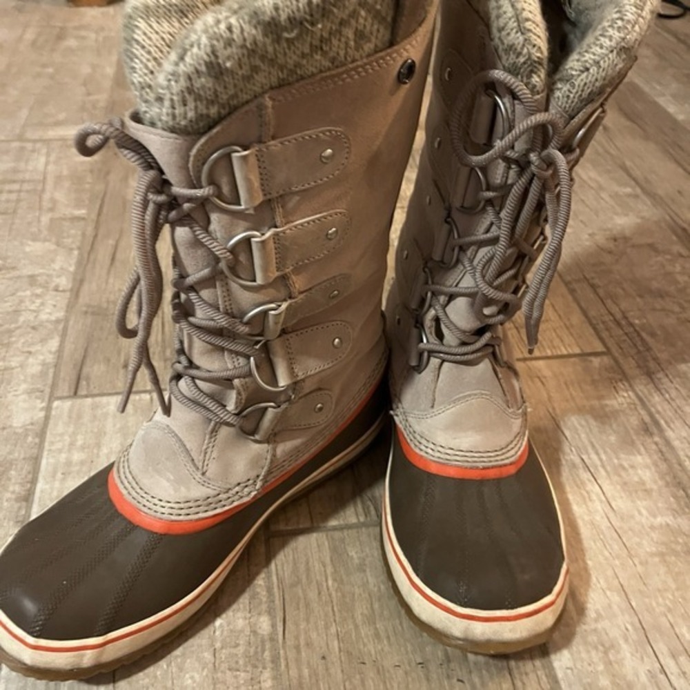 Sorel Boots Womens Size 10 Joan of Arctic Fossil Leather Knit Snow Waterproof